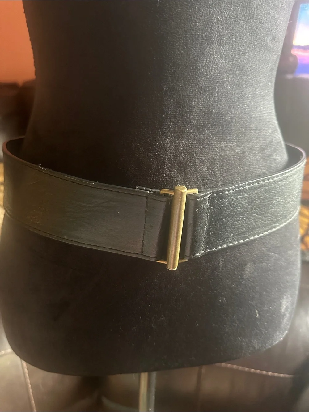 Black Leather Waist Belt with Brass Buckle
